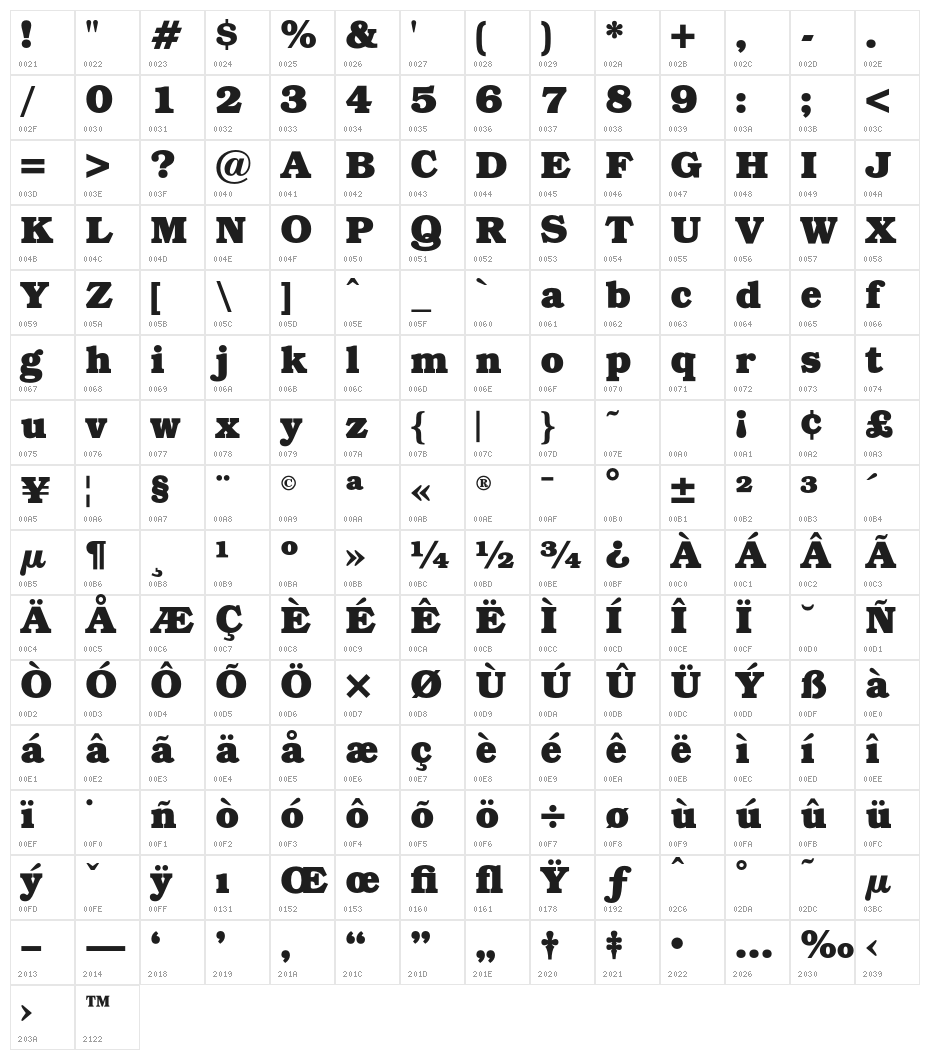 BOOKmanOpti-Bold Character Map