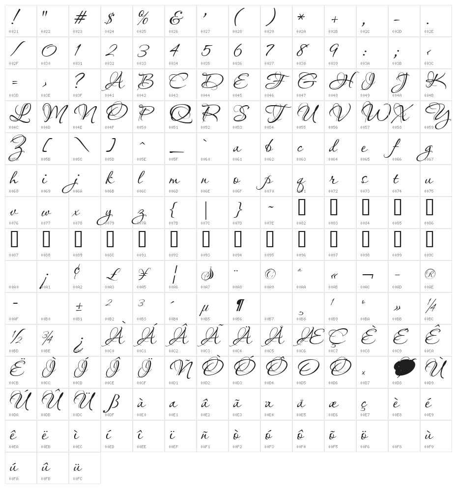 Bodega Script Character Map