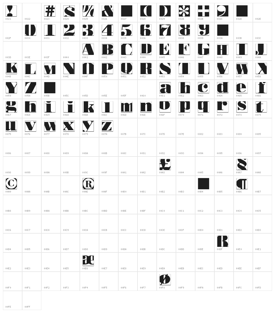 BodoblackSquaresInvers Character Map