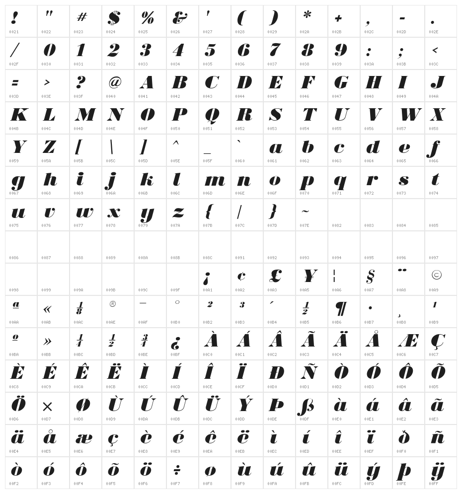 BodoniUltraFLF-Italic Character Map