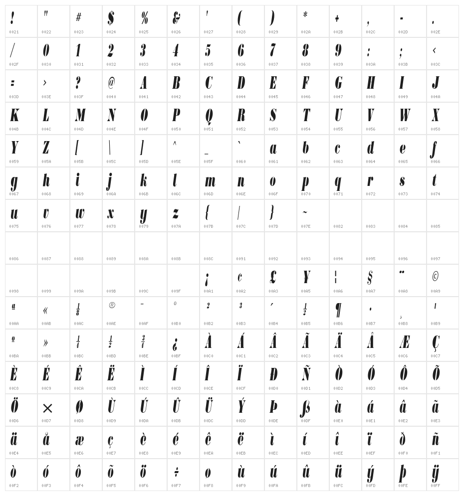 BodoniUltraFLFCond-Italic Character Map