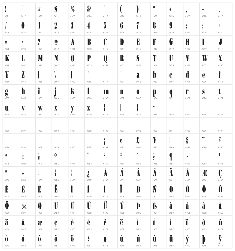 BodoniUltraFLFCond Character Map