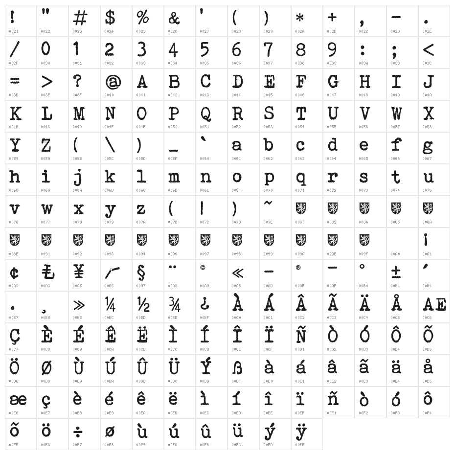 Bohemian typewriter Character Map