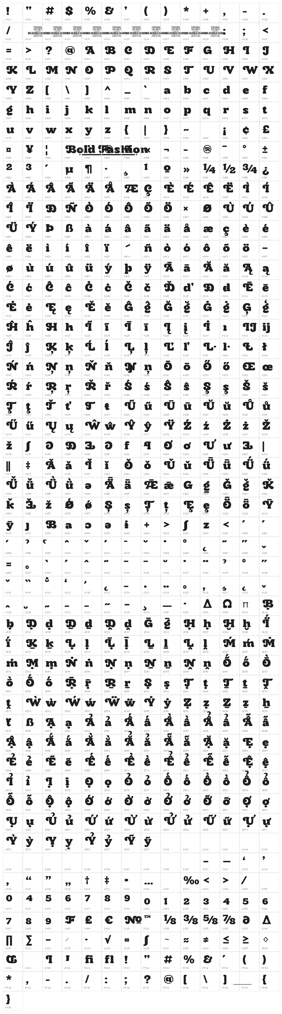 Bold Fashion PERSONAL USE Regular Character Map