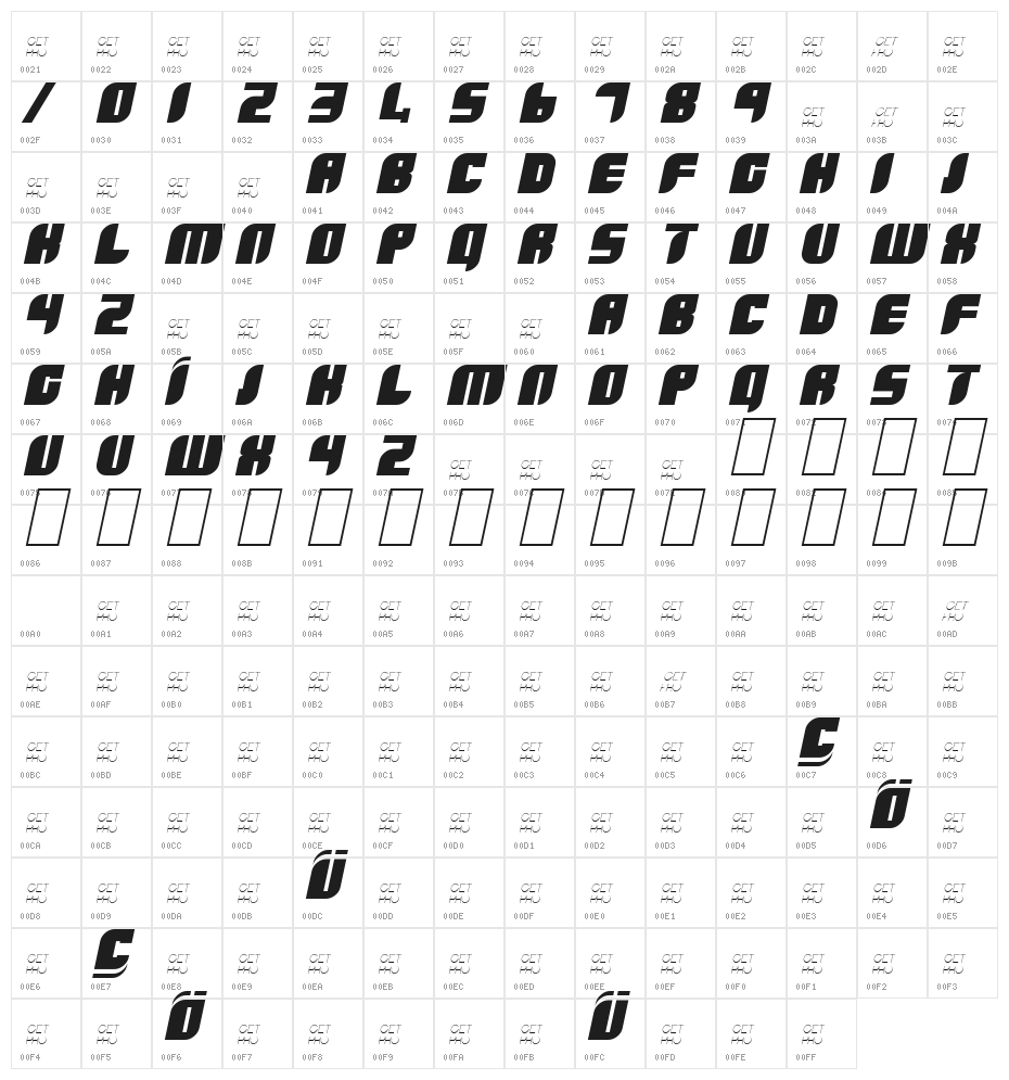 Boldie Italic Character Map