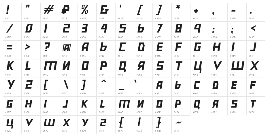 Bolshevik Light Oblique Character Map