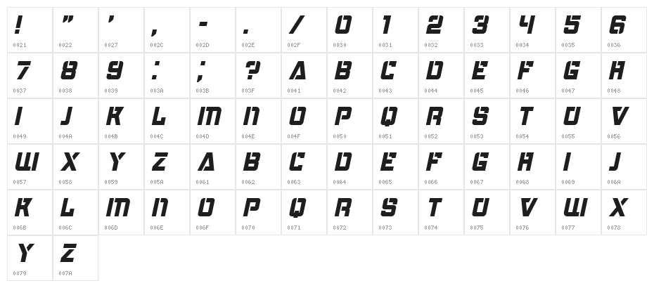 Bombardment Italic Character Map