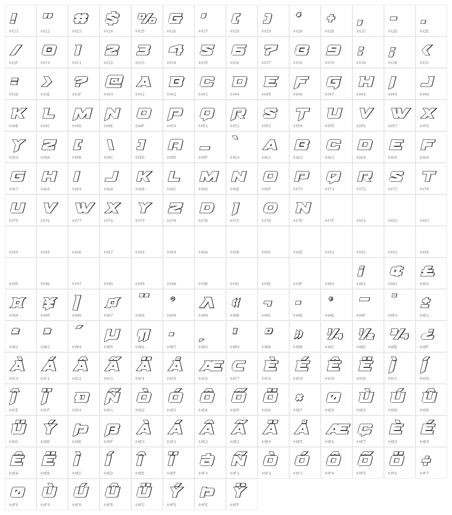 Bomber Escort Outline Italic Character Map