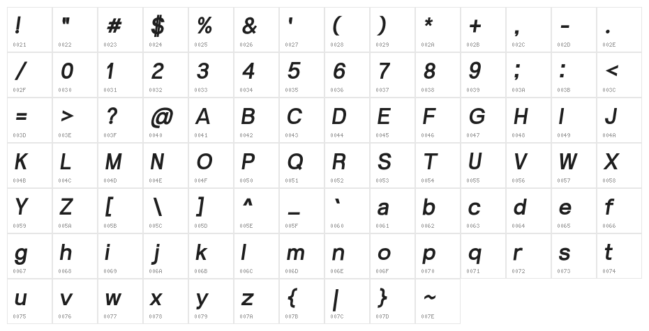 Bond Bold Italic Character Map