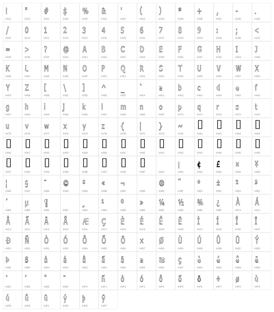 Boneribbon Tall Outline Character Map