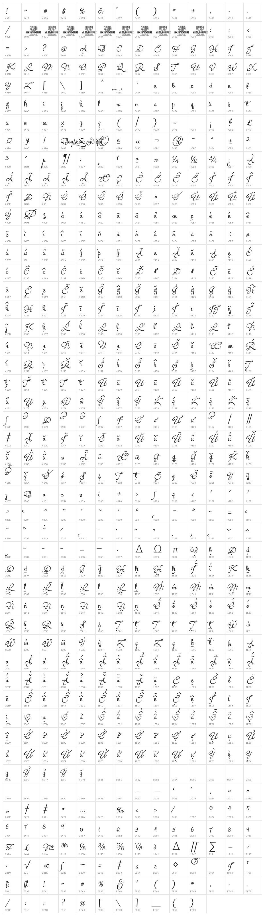Bonspire Script PERSONAL USE Regular Character Map