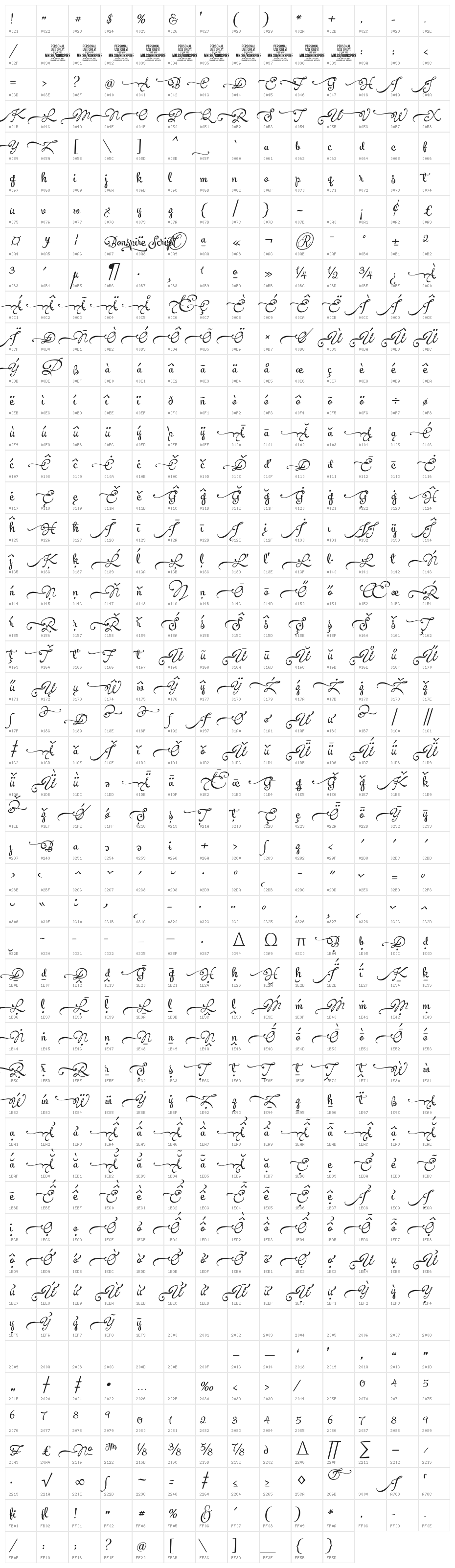 Bonspire Swash PERSONAL Regular Character Map