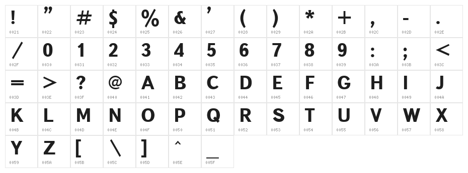 Bookvar Bold Character Map
