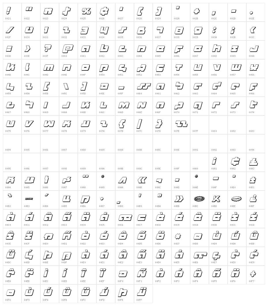 Boomstick 3D Italic Character Map