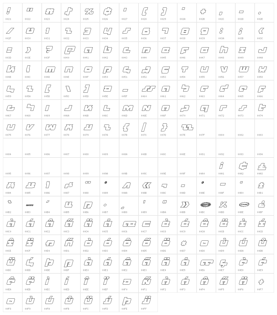 Boomstick Outline Italic Character Map