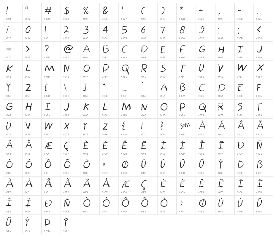 Bored Crayon Regular Character Map