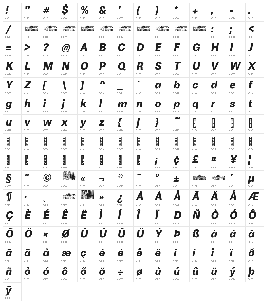 Boring Sans A Trial Bold Italic Character Map