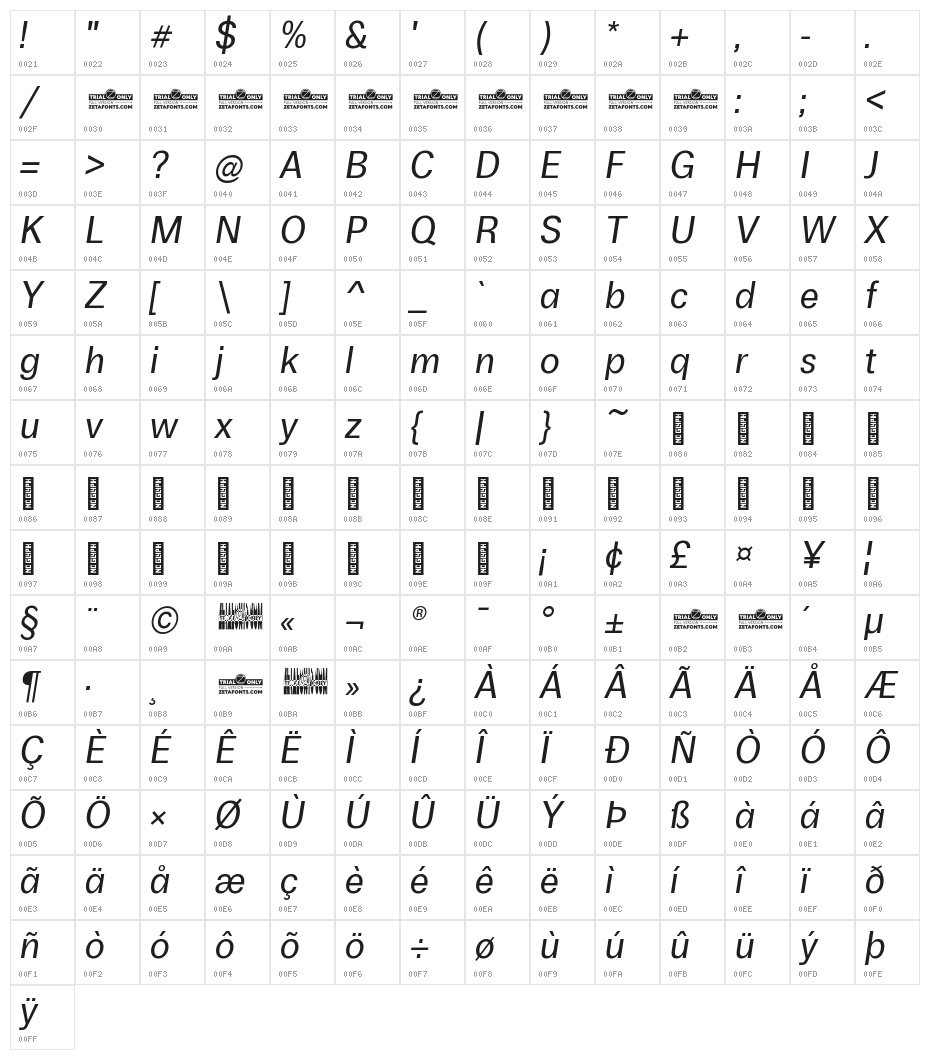 Boring Sans A Trial Italic Character Map
