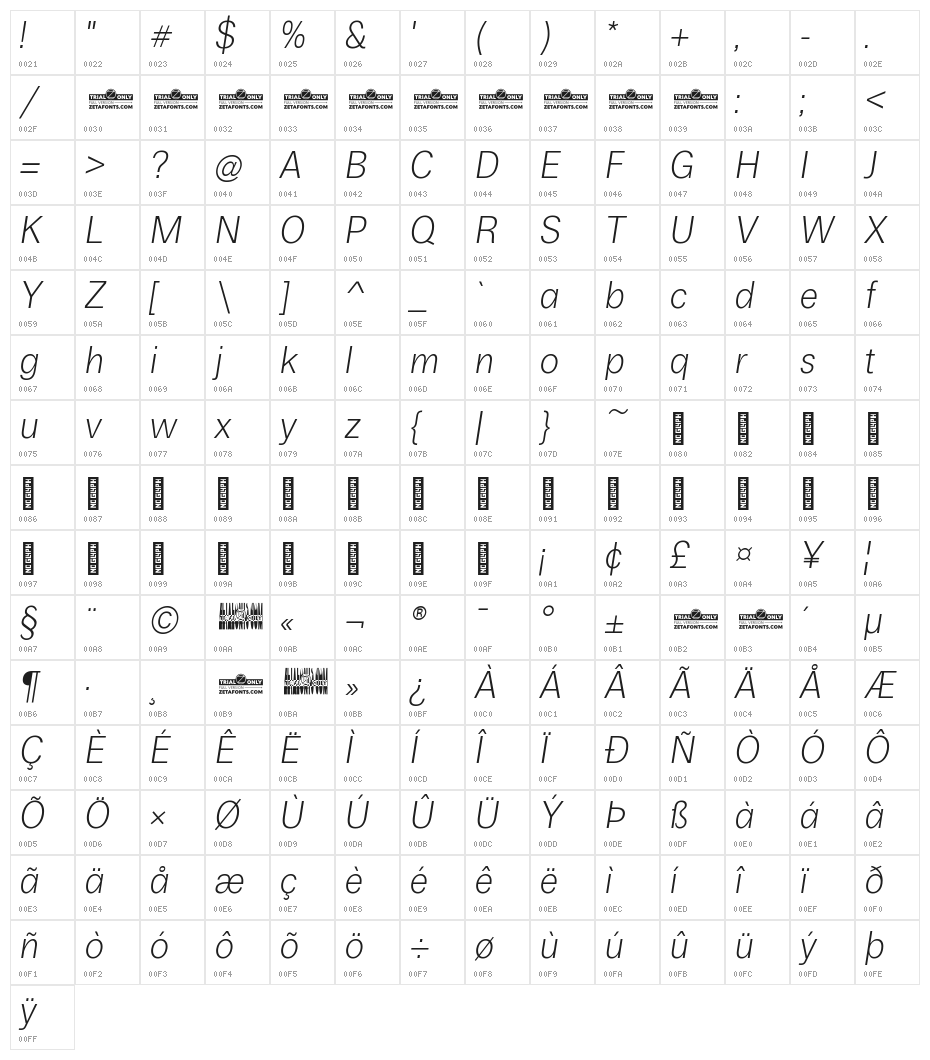 Boring Sans A Trial Light Italic Character Map