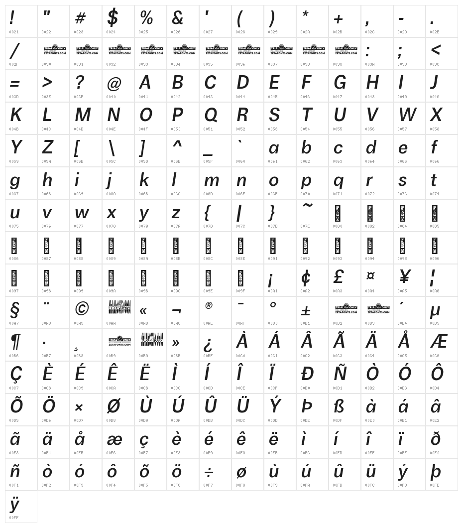 Boring Sans A Trial Medium Italic Character Map