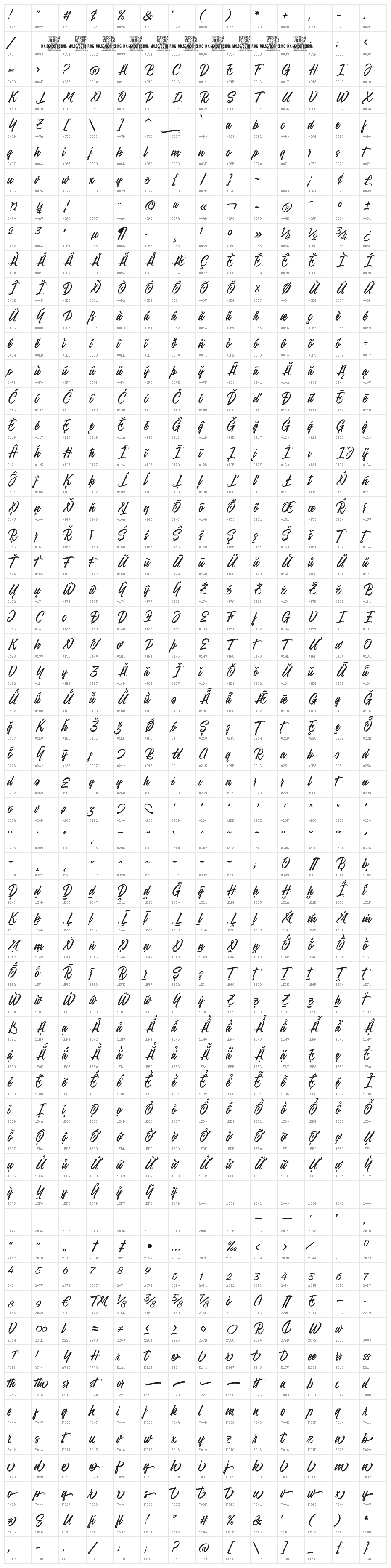 Bothering Script PERSONAL USE Regular Character Map