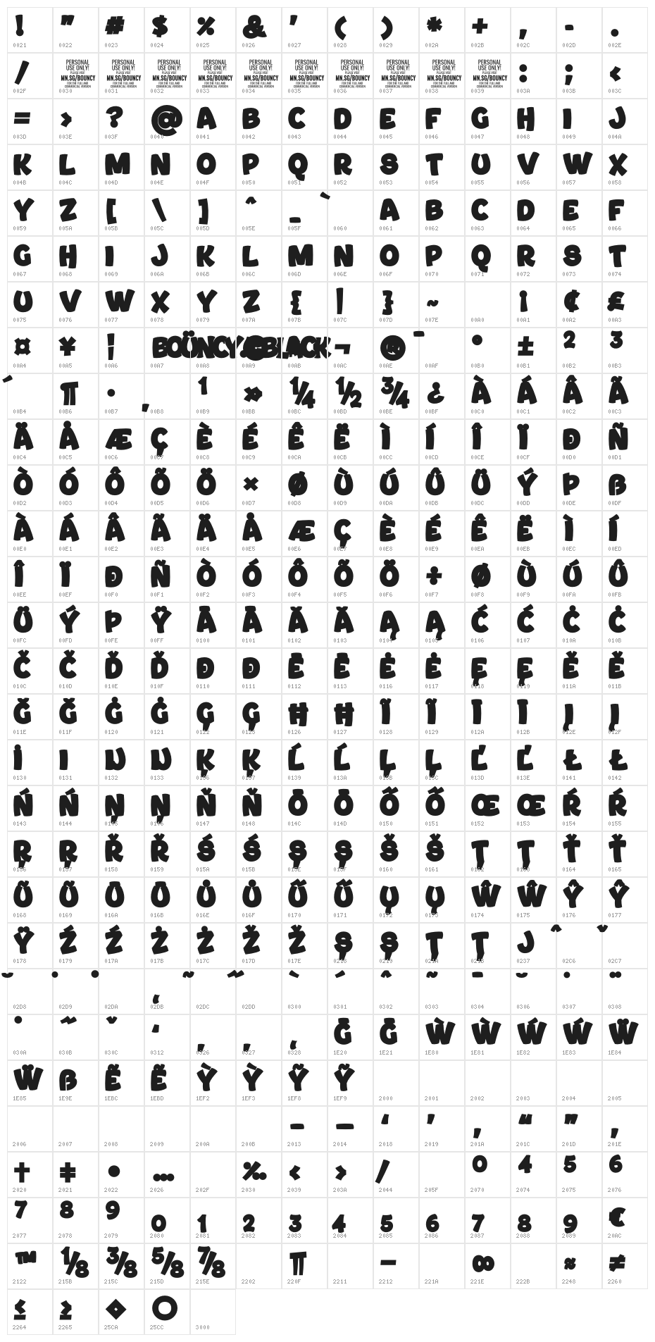 Bouncy Black PERSONAL USE ONLY Character Map
