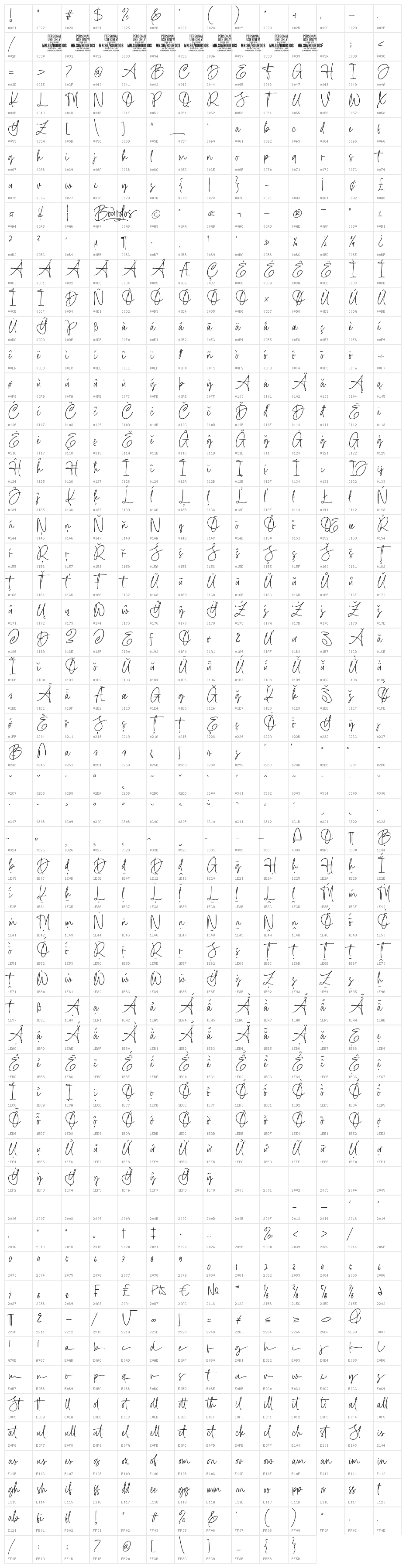 Bourdos PERSONAL USE ONLY Regular Character Map