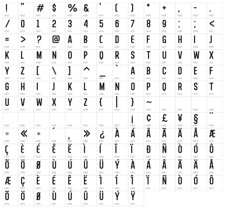 BROOKLINE-Condensed Character Map