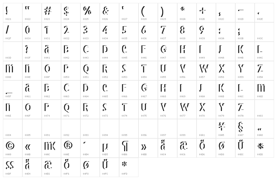 BradburysBoldShadow Character Map