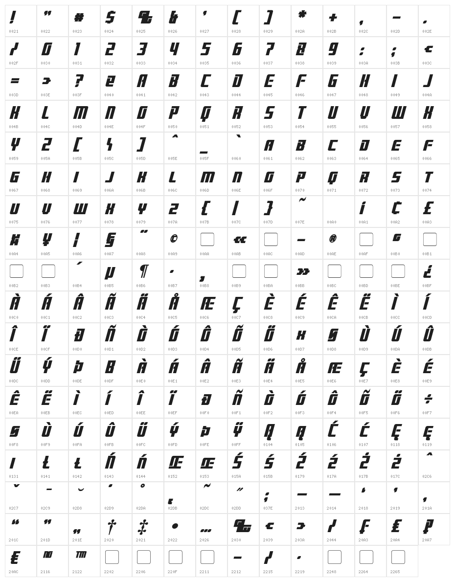 Brainstorm Bold Italic Character Map