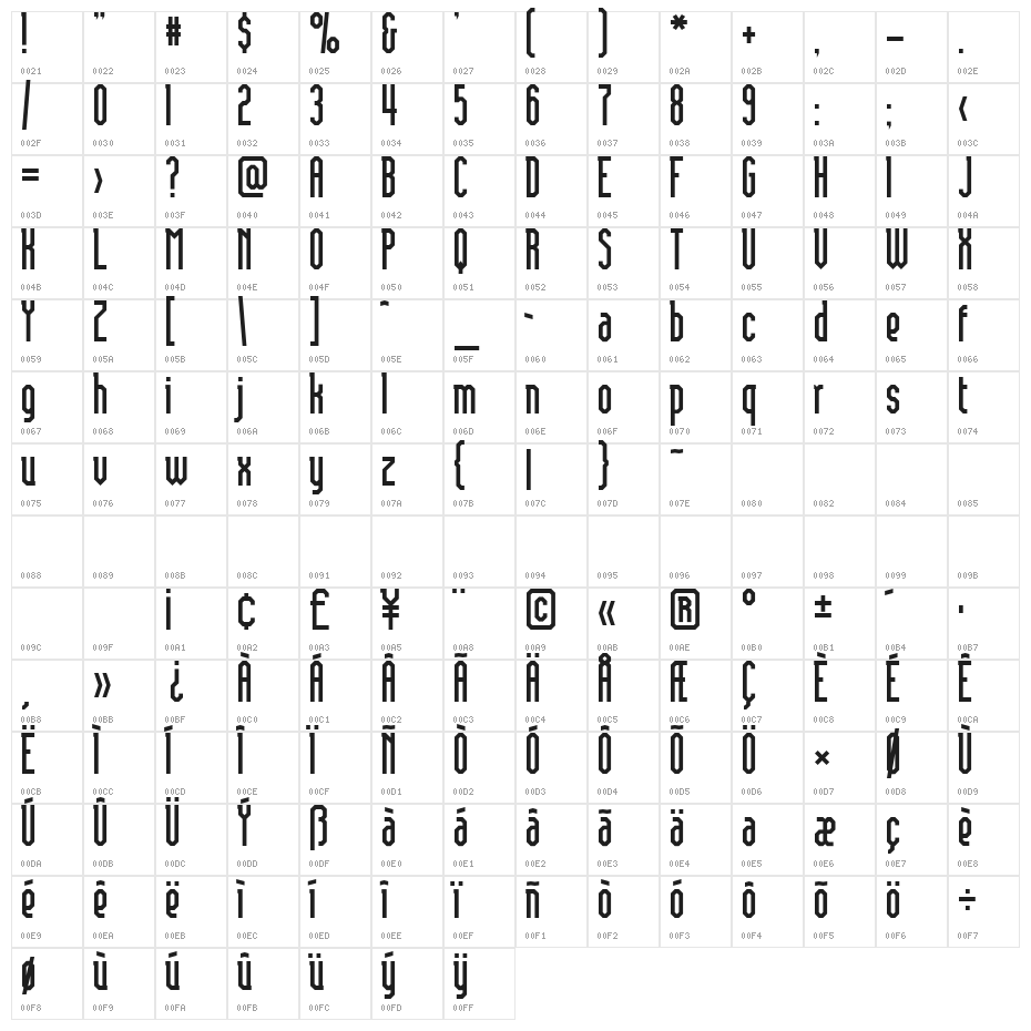 Brasilia Thin Character Map