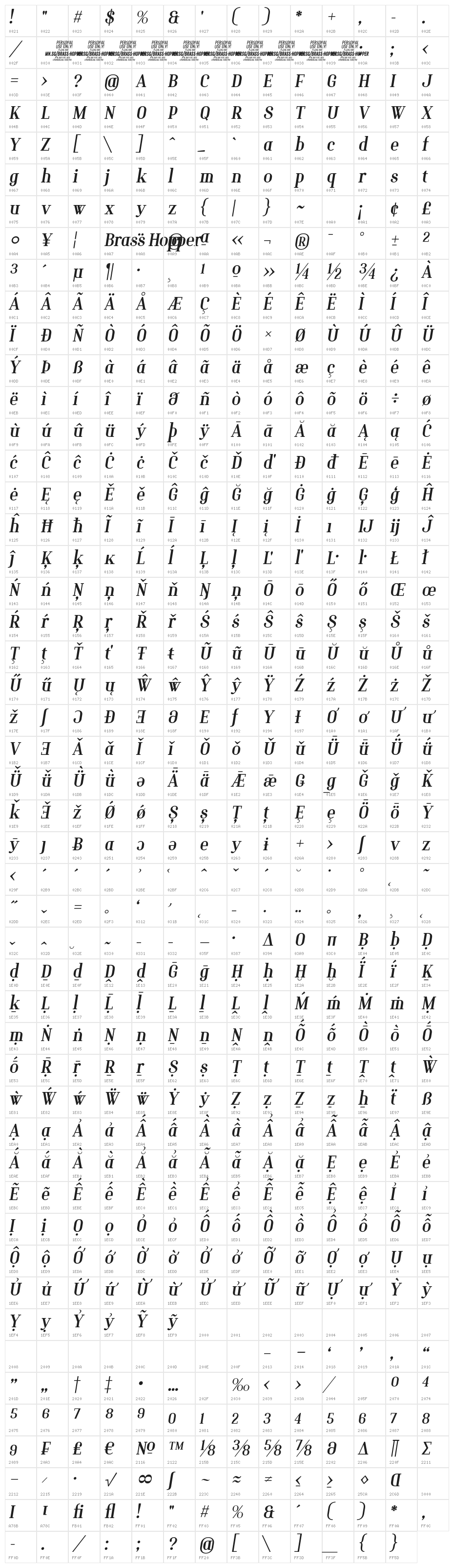 Brass Hopper Body PERSONAL Italic Character Map