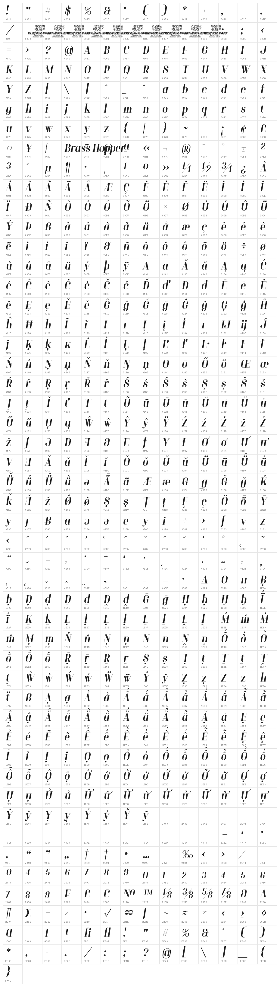 Brass Hopper Head PERSONAL Italic Character Map