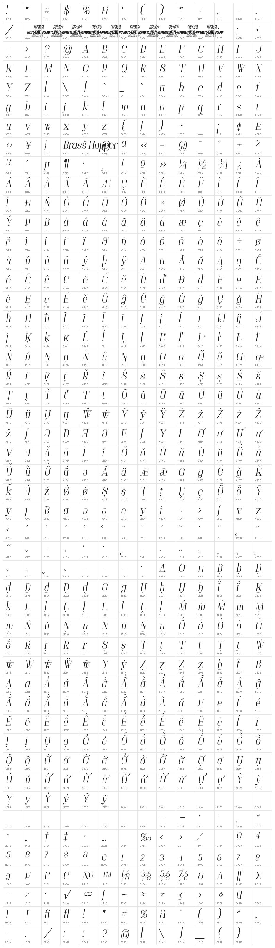 Brass Hopper Head PERSONAL Thin Italic Character Map