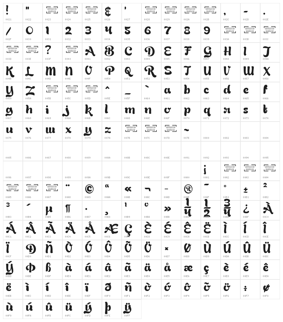 Bready Regular Demo Character Map