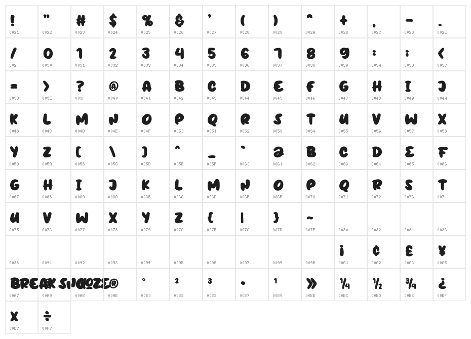 BreakSnooze Character Map
