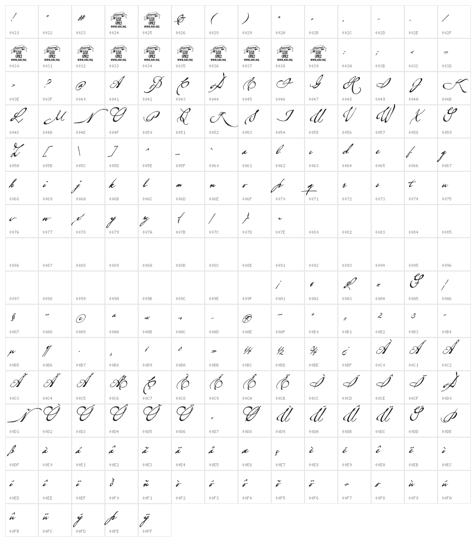 Brev Script Personal Use Character Map