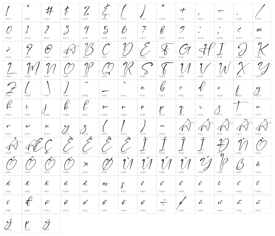 Bright Fresh Italic Character Map