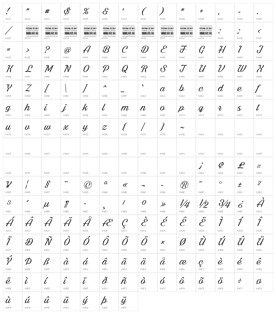 Bright Larch PERSONAL USE ONLY Character Map