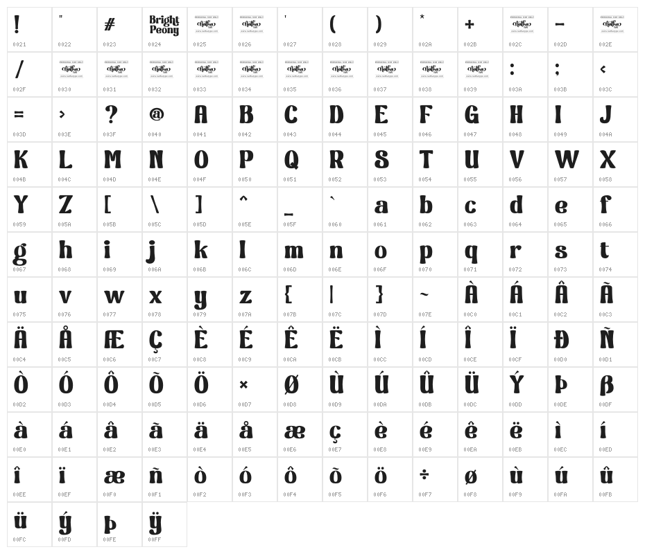 Bright Peony Personal Use Character Map