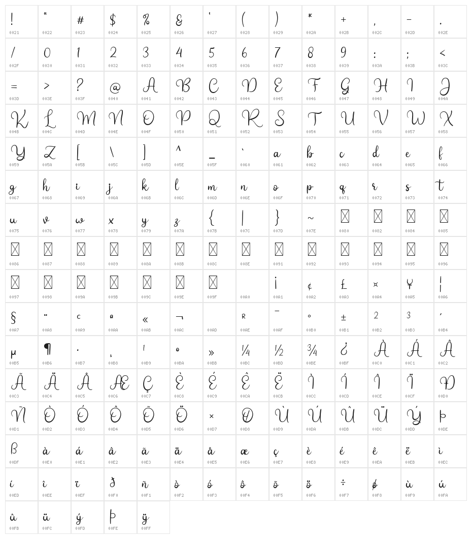Bright Star Dafont Regular Character Map
