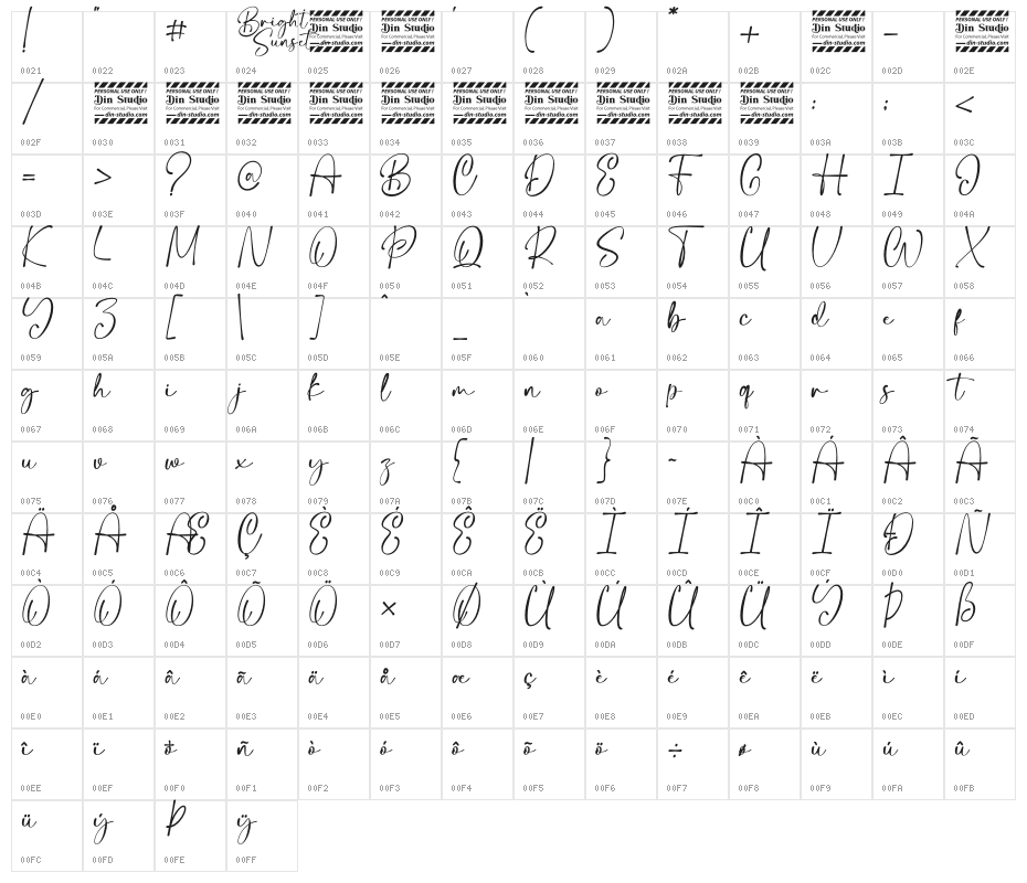Bright Sunset Personal Use Character Map