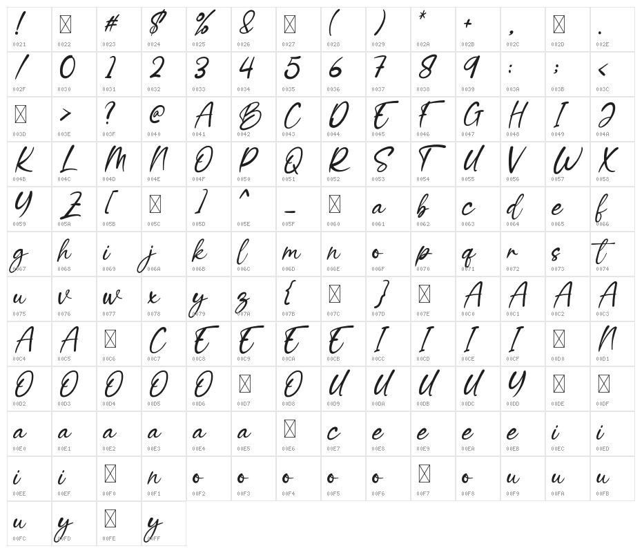 BrightCheerfulRegular Character Map