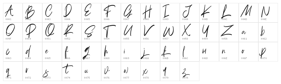 Briliantine Script Demo Character Map