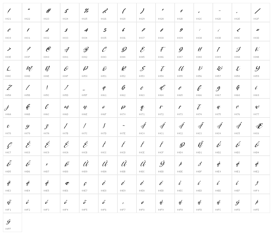 Brillian Italic Character Map