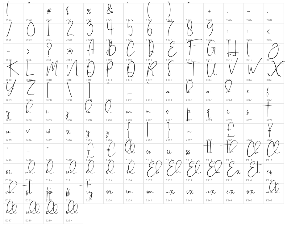 Brilliant Signature 1 Regular Character Map