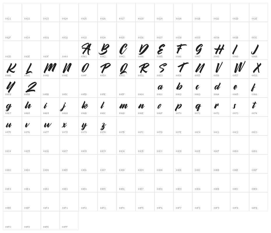 BrilyonScriptFREE Character Map
