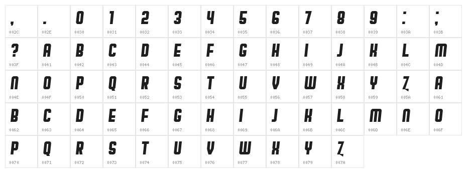 Broadway Flat Italic Character Map
