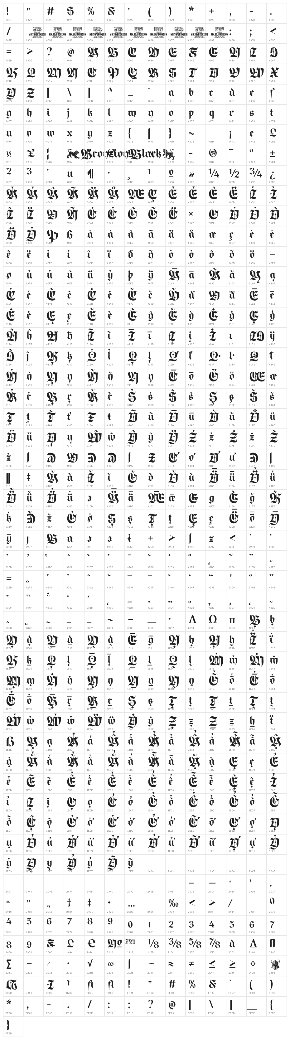 Bronzion Black PERSONAL USE Regular Character Map