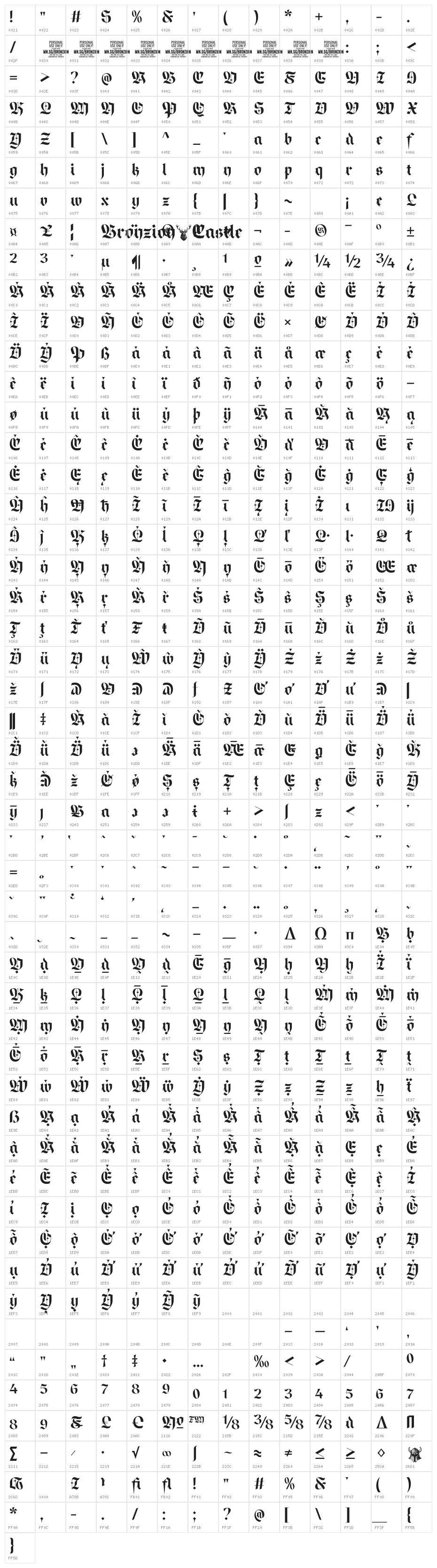 Bronzion Castle PERSONAL USE Regular Character Map